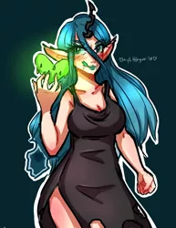 Size: 2975x3850 | Tagged: adorasexy, artist:mylittleyuri, changeling, clothes, cute, derpibooru import, digital art, dress, fangs, female, heart, horned humanization, human, humanized, queen chrysalis, safe, sexy, solo