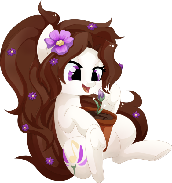 Size: 1560x1662 | Tagged: safe, artist:xsidera, derpibooru import, oc, oc:violet aria, unofficial characters only, earth pony, pony, female, flower, flower in hair, mare, open mouth, plant, pot, simple background, solo, transparent background