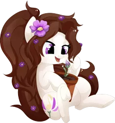 Size: 1560x1662 | Tagged: safe, artist:xsidera, derpibooru import, oc, oc:violet aria, unofficial characters only, earth pony, pony, female, flower, flower in hair, mare, open mouth, plant, pot, simple background, solo, transparent background