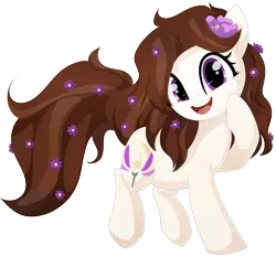 Size: 1675x1552 | Tagged: safe, artist:xsidera, derpibooru import, oc, oc:violet aria, unofficial characters only, earth pony, pony, cute, female, flower, flower in hair, happy, looking at you, mare, open mouth, simple background, solo, transparent background