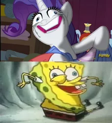 Size: 422x462 | Tagged: safe, deleted from derpibooru, derpibooru import, edit, edited screencap, screencap, rarity, fame and misfortune, bummer vacation, comparison, funny, i've been waiting for you patrick, image, insanity, makeup, png, rarisnap, running makeup, spongebob squarepants, spongebob squarepants (character), why i'm creating a gown darling