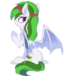 Size: 1584x1823 | Tagged: safe, artist:aureai-sketches, derpibooru import, oc, oc:soothing leaf, unofficial characters only, bat pony, pony, accessories, chest fluff, cute, cute little fangs, dock, ear fluff, fangs, female, happy, hoof fluff, leg fluff, lidded eyes, long hair, looking back, mare, raised eyebrow, raised hoof, simple background, sitting, smiling, solo, spread wings, transparent background, wings