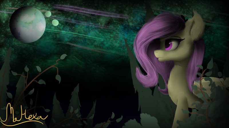 Size: 1920x1080 | Tagged: safe, artist:mahexa, deleted from derpibooru, derpibooru import, fluttershy, pegasus, pony, female, mare, scenery, side view, solo, stargazing