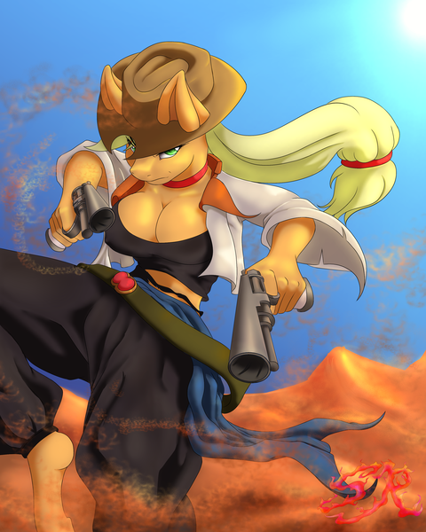 Size: 2400x3000 | Tagged: anthro, applejack, artist:swiftriff, badass, big breasts, breasts, busty applejack, cleavage, clothes, collar, cowboy hat, crossover, derpibooru import, desert, dual wield, dungeon fighter online, erect nipples, female, hat, midriff, nipple outline, pants, part of a set, ranger, sand, solo, solo female, stetson, suggestive, unguligrade anthro, video game