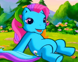 Size: 314x250 | Tagged: safe, artist:skywlshes, derpibooru import, edit, screencap, rainbow dash (g3), pony, animated, cute, g3, g3betes, gif, laughing, on back, pointing, sitting, solo