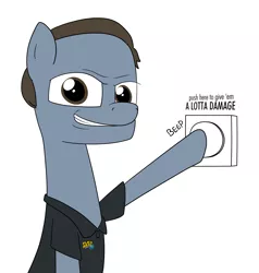 Size: 1936x2036 | Tagged: safe, artist:moonatik, derpibooru import, ponified, earth pony, pony, 30 minute art challenge, beep, button, clothes, flex seal, grin, lidded eyes, looking at you, male, meme, phil swift, pushing, shirt, simple background, sitting, smiling, smirk, solo, stallion, white background