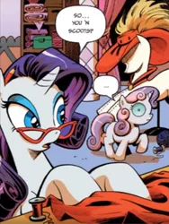 Size: 700x931 | Tagged: safe, artist:andypriceart, derpibooru import, edit, editor:symphonic sync, idw, rarity, scootaloo, sweetie belle, pony, robot, unicorn, spoiler:comic01, awkward, awkward moment, comic, duo, female, filly, foal, implied scootabelle, implied sweetie bot, lesbian, mare, scootabelle, shipping