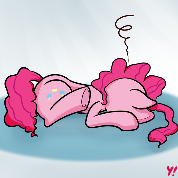 Size: 2000x2000 | Tagged: safe, artist:yakoshi, derpibooru import, pinkie pie, earth pony, pony, atg 2018, exhausted, faceplant, female, gradient background, lying down, mare, newbie artist training grounds, passed out, solo, tired, underhoof