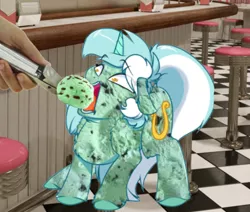 Size: 667x566 | Tagged: safe, artist:witchtaunter, derpibooru import, edit, editor:twitchyylive, lyra heartstrings, ponified, food pony, human, original species, pony, unicorn, cannibalism, chest fluff, cursed image, ear fluff, eating, faic, female, food, force feeding, frown, gradient background, gray background, hand, hoof fluff, ice cream, irl, irl human, leg fluff, mare, mint chip (ice cream), not salmon, offscreen character, open mouth, photo, scared, screaming, screaming lyra meme, shoulder fluff, simple background, tongue out, wat, wide eyes, wtf
