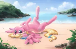 Size: 2148x1380 | Tagged: source needed, safe, artist:sheda, derpibooru import, oc, oc:bay breeze, unofficial characters only, pegasus, pony, beach, bow, cute, digital art, female, hair bow, looking at you, mare, ocean, sand, smiling, solo, tail bow, upside down, water, ych result