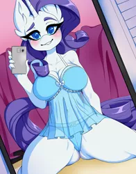 Size: 3850x4900 | Tagged: dead source, suggestive, artist:neekophobia, derpibooru import, rarity, anthro, unicorn, blushing, breasts, busty rarity, cleavage, clothes, ear fluff, female, high res, lingerie, lip bite, looking at you, mare, mirror, mobile phone, nightgown, panties, phone, see-through, selfie, smartphone, solo, solo female, thong, underwear