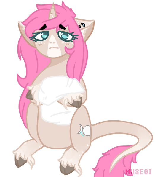 Size: 2048x2348 | Tagged: safe, artist:musegi, derpibooru import, oc, oc:tarot, unofficial characters only, classical unicorn, pony, unicorn, cloven hooves, curved horn, digital art, ear piercing, female, floppy ears, freckles, hug, leonine tail, long mane, long tail, mare, palomino, piercing, pillow, pillow hug, pink mane, sad, simple background, solo, unshorn fetlocks, ych result