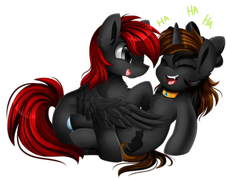 Size: 3030x2400 | Tagged: safe, artist:pridark, derpibooru import, oc, unofficial characters only, pegasus, pony, unicorn, chest fluff, collar, commission, cute, eyes closed, fangs, ha, laughing, open mouth, red and black oc, simple background, tickling, transparent background