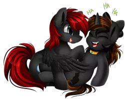 Size: 3030x2400 | Tagged: safe, artist:pridark, derpibooru import, oc, unofficial characters only, pegasus, pony, unicorn, chest fluff, collar, commission, cute, eyes closed, fangs, ha, laughing, open mouth, red and black oc, simple background, tickling, transparent background