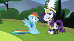 Size: 1280x720 | Tagged: safe, derpibooru import, screencap, rainbow dash, rarity, pegasus, pony, unicorn, testing testing 1-2-3, ancient wonderbolts uniform, boots, clothes, duo, eyes closed, female, hat, mare, sgt. rarity, shako, shoes, sitting, spread wings, uniform, wings