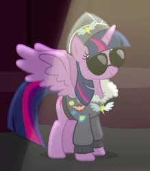 Size: 444x507 | Tagged: safe, derpibooru import, screencap, commander easy glider, twilight sparkle, twilight sparkle (alicorn), alicorn, pony, testing testing 1-2-3, ancient wonderbolts uniform, clothes, cropped, female, fleece jacket, hat, jacket, mare, outfit catalog, smiling, solo, spread wings, sunglasses, uniform, wings