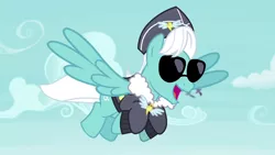 Size: 1280x720 | Tagged: safe, derpibooru import, screencap, commander easy glider, high note, pegasus, pony, testing testing 1-2-3, ancient wonderbolts uniform, background pony, clothes, fleece jacket, flying, hat, jacket, male, open mouth, solo, spread wings, stallion, sunglasses, uniform, wings