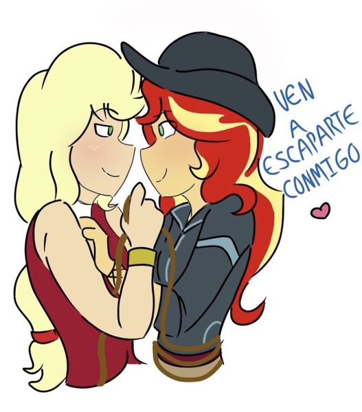 Size: 756x861 | Tagged: safe, artist:horsegirlpodcast, derpibooru import, applejack, sunset shimmer, dance magic, equestria girls, spoiler:eqg specials, appleshimmer, black hat, blushing, bound, clothes, dress, female, hat, jacket, lasso, lesbian, looking at each other, rope, shipping, simple background, spanish, tied, translated in the description, white background
