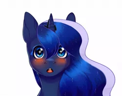 Size: 1280x1007 | Tagged: safe, artist:sasha lebedeva, derpibooru import, princess luna, alicorn, pony, blushing, bust, crown, ethereal mane, female, horn, jewelry, looking at you, mare, open mouth, regalia, simple background, solo, starry eyes, starry mane, want, white background, wingding eyes