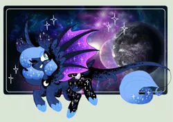 Size: 943x667 | Tagged: safe, artist:mscreepyplaguedoctor, derpibooru import, princess luna, alicorn, pony, bat wings, big ears, body markings, curved horn, ethereal mane, eyes closed, female, horn, leonine tail, long horn, one eye closed, redesign, s1 luna, smiling, solo, space, starry mane, wink, younger