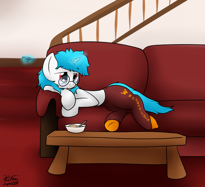 Size: 1827x1665 | Tagged: safe, artist:the-furry-railfan, derpibooru import, oc, oc:minty candy, unofficial characters only, pony, unicorn, bed mane, bowl, breakfast, cereal, clothes, couch, food, glasses, lazy, magic, milk, pants, remote, socks, stairs, sweatpants, table, telekinesis, watching tv