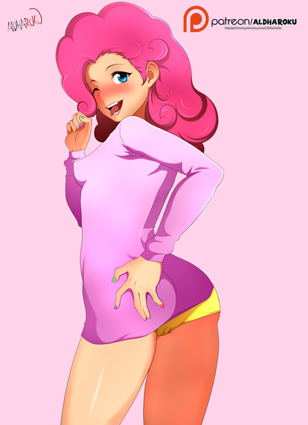 Size: 2900x4000 | Tagged: questionable, artist:aldharoku, derpibooru import, pinkie pie, human, breasts, cameltoe, clothes, humanized, looking at you, looking back, looking back at you, open mouth, panties, simple background, small breasts, tongue out, underwear