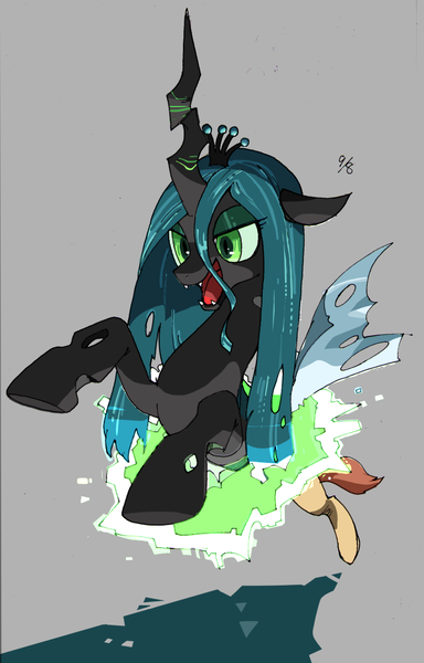 Size: 704x1100 | Tagged: artist:atarute5, changeling, crown, derpibooru import, fangs, female, gray background, horn, jewelry, open mouth, queen chrysalis, regalia, safe, simple background, slit eyes, solo, transformation, wings