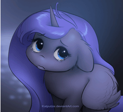Size: 1046x955 | Tagged: safe, artist:katputze, derpibooru import, princess luna, alicorn, pony, animated, crying, cute, daaaaaaaaaaaw, eye shimmer, female, filly, lip quiver, lunabetes, mare, pouting, sad, sadorable, solo, woona, younger