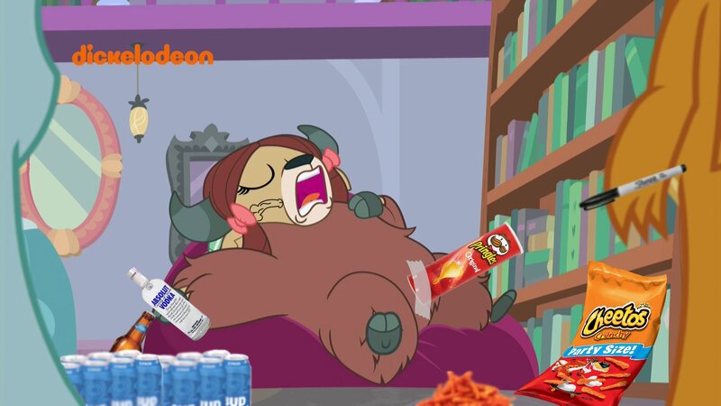 Size: 1920x1080 | Tagged: alcohol, bean bag chair, beer, bow, cheetos, chips, cloven hooves, derpibooru import, edit, edited screencap, editor:ashkii, female, food, funny, hair bow, implied futa, lazy, library, meme, monkey swings, ocellus, passed out, potato chips, prank, pringles, questionable, screencap, sharpie, sleeping, smolder, underaged drinking, vodka, what lies beneath, yak, yona