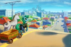 Size: 1000x667 | Tagged: safe, artist:adeptus-monitus, derpibooru import, oc, oc:lonely day, unofficial characters only, dog, earth pony, pony, ponies after people, cart, city, cityscape, clothes