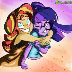 Size: 1600x1600 | Tagged: safe, artist:9987neondraws, artist:lunchie, derpibooru import, edit, sci-twi, sunset shimmer, twilight sparkle, equestria girls, colored, cute, female, hug, lesbian, scitwishimmer, shimmerbetes, shipping, sunsetsparkle, twiabetes