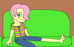 Size: 818x520 | Tagged: suggestive, artist:logan jones, derpibooru import, fluttershy, equestria girls, barefoot, bedroom eyes, blushing, butterscotch, clothes, couch, equestria guys, feet, femboy, image, jeans, male, male feet, pants, png, rule 63, shy, soles, sweater, toes