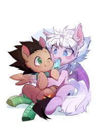 Size: 1500x1980 | Tagged: safe, artist:akamei, derpibooru import, ponified, bat pony, pegasus, pony, boots, colt, crossover, duo, food, gon freecss, hunter x hunter, killua zoldyck, male, neckerchief, popsicle, shoes, simple background, smiling