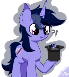 Size: 3197x3550 | Tagged: safe, artist:kimjoman, derpibooru import, oc, oc:purple flix, unofficial characters only, pony, unicorn, :t, accessories, cute, hat, hiding, looking at you, looking down, male, raised hoof, simple background, solo, tiny, tiny ponies, transparent background