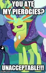 Size: 236x370 | Tagged: angry, antlers, caption, changedling, changeling, cropped, derpibooru import, edit, edited screencap, glowing horn, image macro, imgflip, king thorax, magic, meme, pierogi, poland, safe, screencap, text, thorax, to where and back again, unacceptable