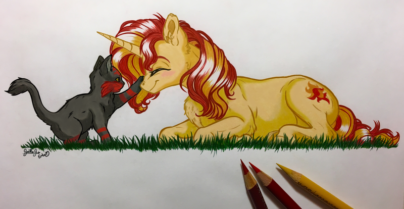 Size: 3956x2047 | Tagged: safe, artist:emberslament, artist:gaelledragons, derpibooru import, sunset shimmer, litten, pony, unicorn, blushing, boop, chest fluff, collaboration, colored pencil drawing, colored pencils, cute, duo, ear fluff, eyes closed, female, happy, lying down, mare, marzae, photo, pokémon, pokémon sun and moon, shimmerbetes, smiling, traditional art