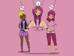 Size: 2000x1500 | Tagged: suggestive, artist:icey-wicey-1517, derpibooru import, dinky hooves, lily longsocks, ruby pinch, human, adorasexy, anklet, barefoot, bdsm, bedroom eyes, belt, blushing, bondage, bracelet, chains, clothes, coat, collar, crying, cute, dark skin, dinkypinch, ear piercing, earring, erotic tickling, feet, female, females only, femdom, femsub, fetish, foot fetish, gloves, hand on butt, heart, humanized, jeans, jewelry, kisekae, laughing, lesbian, miniskirt, necklace, older, older dinky hooves, older lily longsocks, older ruby pinch, one eye closed, open mouth, pants, pet tag, pictogram, piercing, pink background, polyamory, polygamy, sexy, shackles, shipping, shirt, shorts, simple background, skirt, skull, stars, submissive, suspended, tears of laughter, tickle fetish, tickle torture, tickling, wristband