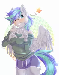 Size: 2360x3000 | Tagged: anthro, anthro oc, artist:swoopypoolin, blushing, clothes, derpibooru import, female, heart, heart hands, mare, oc, oc:storm feather, one eye closed, pegasus, pictogram, rule 63, safe, shorts, smiling, solo, sweater, unofficial characters only, wink, ych result
