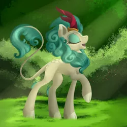 Size: 4092x4092 | Tagged: absurd resolution, artist:ailatf, cloven hooves, crepuscular rays, derpibooru import, eyes closed, female, kirin, leonine tail, open mouth, queen, rain shine, raised hoof, safe, solo, sounds of silence