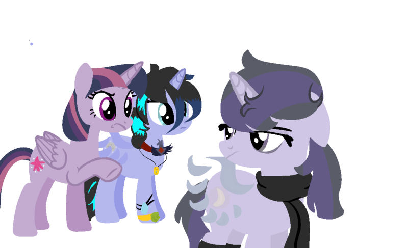 Size: 1182x720 | Tagged: safe, artist:kingbases, artist:macadoptables, derpibooru import, mean twilight sparkle, oc, oc:moonshine twinkle, oc:nightfall blitz, alicorn, pony, icey-verse, the mean 6, alicorn amulet, alicorn oc, annoyed, base used, bracelet, canon x oc, clone, clothes, cross, family, female, jewelry, lesbian, magical lesbian spawn, mare, meanshine, mother and daughter, necklace, offspring, parent:mean twilight sparkle, parent:oc:moonshine twinkle, parents:canon x oc, parents:meanshine, scarf, shipping, simple background, socks, white background