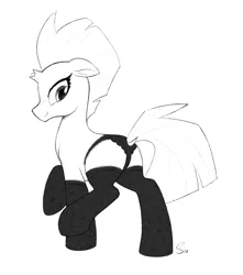 Size: 1658x1879 | Tagged: suggestive, artist:selenophile, derpibooru import, tempest shadow, black underwear, butt, clothes, dock, female, floppy ears, image, lingerie, looking back, monochrome, plot, png, raised hoof, simple background, sketch, socks, thigh highs, underwear, white background