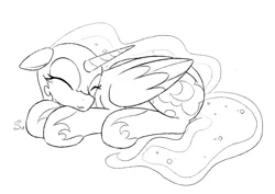 Size: 2153x1524 | Tagged: safe, artist:selenophile, derpibooru import, nightmare moon, alicorn, pony, cute, explicit source, eyes closed, female, floppy ears, grayscale, lying down, mare, monochrome, nicemare moon, prone, simple background, sketch, sleeping, smiling, solo, white background