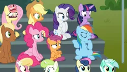 Size: 1920x1080 | Tagged: safe, derpibooru import, screencap, applejack, bon bon, fluttershy, lily, lily valley, lyra heartstrings, meadow song, minty green, pinkie pie, rainbow dash, rarity, scootaloo, sweetie drops, twilight sparkle, twilight sparkle (alicorn), alicorn, earth pony, pegasus, pony, the washouts (episode), :s, bake it like buddy, bleachers, discovery family logo, female, filly, male, mane six, mare, sitting, slouching, stallion, wavy mouth