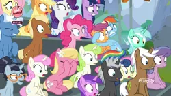 Size: 1920x1080 | Tagged: safe, derpibooru import, screencap, amethyst star, applejack, bon bon, booksmart, dark moon, fluttershy, graphite, lily, lily valley, lyra heartstrings, meadow song, minty green, mochaccino, pinkie pie, pokey pierce, rainbow dash, rare find, rarity, scootaloo, sweetie drops, twilight sparkle, twilight sparkle (alicorn), twinkleshine, velvet light, alicorn, earth pony, pegasus, pony, unicorn, the washouts (episode), background pony, bake it like buddy, female, filly, male, mane six, mare, stallion