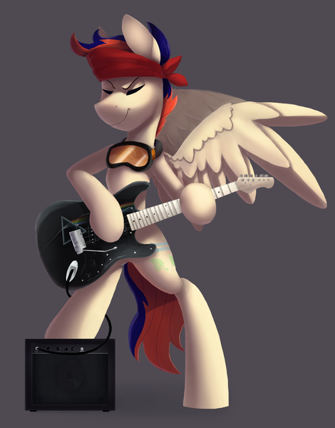 Size: 1566x2000 | Tagged: safe, artist:enderselyatdark, derpibooru import, oc, oc:zephyr leaf, unofficial characters only, pegasus, pony, bandana, glasses, guitar, music, pegasus wings, rcf community