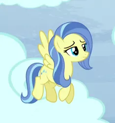 Size: 344x368 | Tagged: safe, derpibooru import, screencap, sunshower, pegasus, pony, tanks for the memories, background pony, cropped, female, flying, lidded eyes, mare, solo