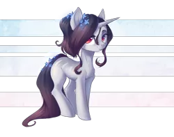 Size: 1222x965 | Tagged: safe, artist:vincher, derpibooru import, oc, oc:aveline bell, unofficial characters only, pony, unicorn, abstract background, chest fluff, ear fluff, female, flower, flower in hair, happy, leg fluff, lidded eyes, mare, simple background, solo, standing, transparent background