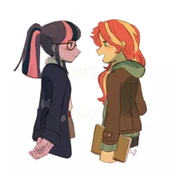 Size: 1200x1220 | Tagged: safe, artist:magneticskye, derpibooru import, sci-twi, sunset shimmer, twilight sparkle, equestria girls, alternate costumes, blushing, cute, female, lesbian, looking at each other, scitwishimmer, shimmerbetes, shipping, sunsetsparkle, twiabetes