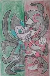 Size: 1024x1565 | Tagged: artist:tobiisabunny, bendy and the ink machine, derpibooru import, ink, jester, laughing, oc, oc:solaris la moon, safe, simon, split screen, tentacles, terrified, traditional art, unofficial characters only, yin-yang