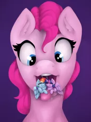 Size: 3000x4000 | Tagged: suggestive, artist:smallhorses, derpibooru import, pinkie pie, rainbow dash, twilight sparkle, twilight sparkle (alicorn), alicorn, earth pony, pegasus, pony, drool, eyes closed, female, fetish, lesbian, micro, open mouth, redraw, shipping, tongue out, twidash, vore, willing, willing vore